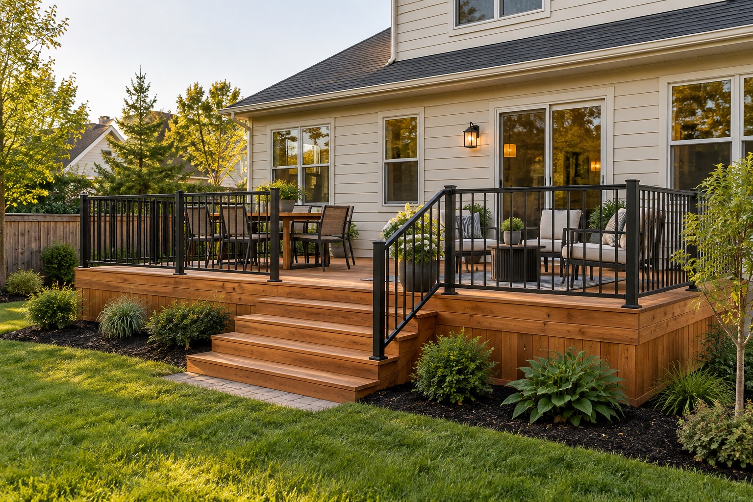 Finished cedar deck with black railings